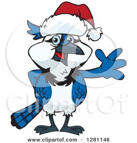 Clipart of a Friendly Waving Blue Jay Bird Wearing a Christmas Santa Hat - Royalty Free Vector Illustration by Dennis Holmes Designs