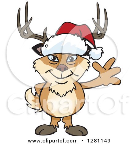 Clipart of a Friendly Waving Buck Deer Wearing a Christmas Santa Hat - Royalty Free Vector Illustration by Dennis Holmes Designs