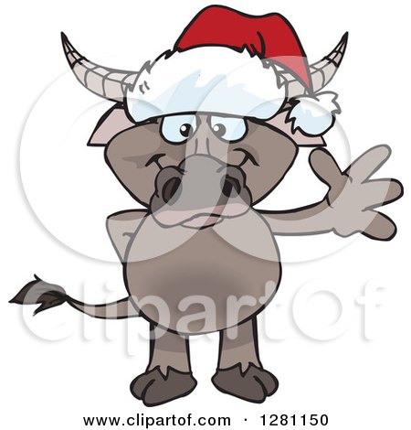Clipart of a Friendly Waving Buffalo Wearing a Christmas Santa Hat - Royalty Free Vector Illustration by Dennis Holmes Designs