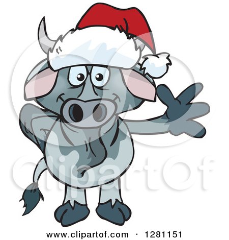 Clipart of a Friendly Waving Brahman Bull Wearing a Christmas Santa Hat - Royalty Free Vector Illustration by Dennis Holmes Designs