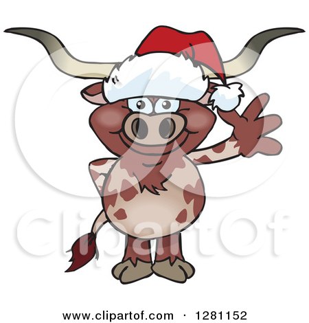 Clipart of a Friendly Waving Longhorn Bull Wearing a Christmas Santa Hat - Royalty Free Vector Illustration by Dennis Holmes Designs