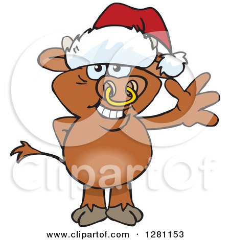 Clipart of a Friendly Waving Bull Wearing a Christmas Santa Hat - Royalty Free Vector Illustration by Dennis Holmes Designs