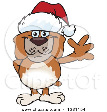 Clipart of a Friendly Waving Brown Bulldog Wearing a Christmas Santa Hat - Royalty Free Vector Illustration by Dennis Holmes Designs