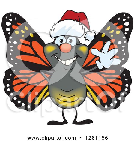 Clipart of a Friendly Waving Monarch Butterfly Wearing a Christmas Santa Hat - Royalty Free Vector Illustration by Dennis Holmes Designs