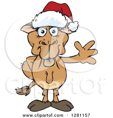 Clipart of a Friendly Waving Camel Wearing a Christmas Santa Hat - Royalty Free Vector Illustration by Dennis Holmes Designs