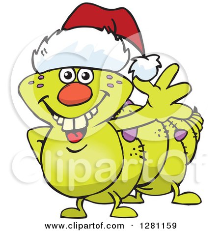 Clipart of a Friendly Waving Caterpillar Wearing a Christmas Santa Hat - Royalty Free Vector Illustration by Dennis Holmes Designs