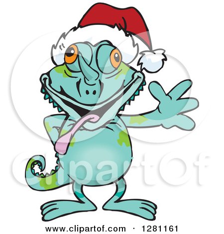 Clipart of a Friendly Waving Chameleon Lizard Wearing a Christmas Santa Hat - Royalty Free Vector Illustration by Dennis Holmes Designs