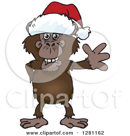 Clipart of a Friendly Waving Chimpanzee Wearing a Christmas Santa Hat - Royalty Free Vector Illustration by Dennis Holmes Designs
