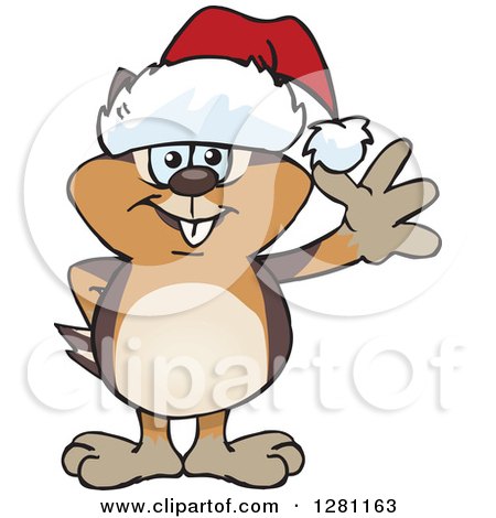Clipart of a Friendly Waving Chipmunk Wearing a Christmas Santa Hat - Royalty Free Vector Illustration by Dennis Holmes Designs
