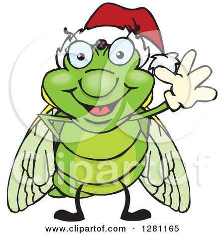 Clipart of a Friendly Waving Cicada Wearing a Christmas Santa Hat - Royalty Free Vector Illustration by Dennis Holmes Designs