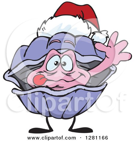 Clipart of a Friendly Waving Clam Wearing a Christmas Santa Hat - Royalty Free Vector Illustration by Dennis Holmes Designs