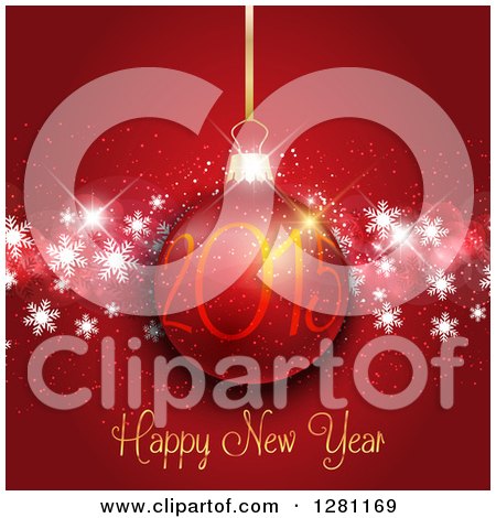 Clipart of a Happy New Year 2015 Greeting with a Suspended Bauble over Red and Snowflakes - Royalty Free Vector Illustration by KJ Pargeter