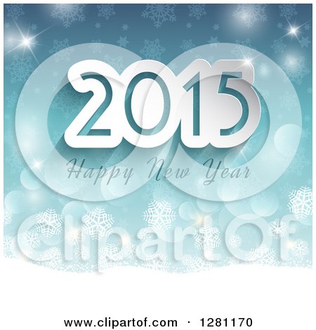 Clipart of a Happy New Year 2015 Greeting over Blue Bokeh, Stars and Snowflakes - Royalty Free Vector Illustration by KJ Pargeter