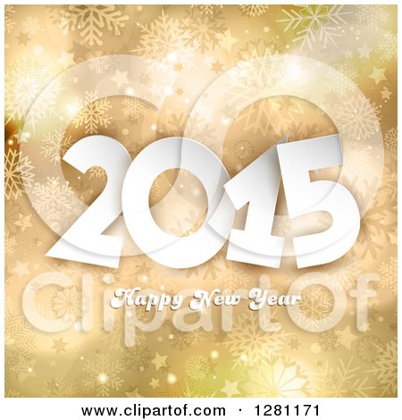 Clipart of a Happy New Year 2015 Greeting over Gold Stars and Snowflakes - Royalty Free Vector Illustration by KJ Pargeter