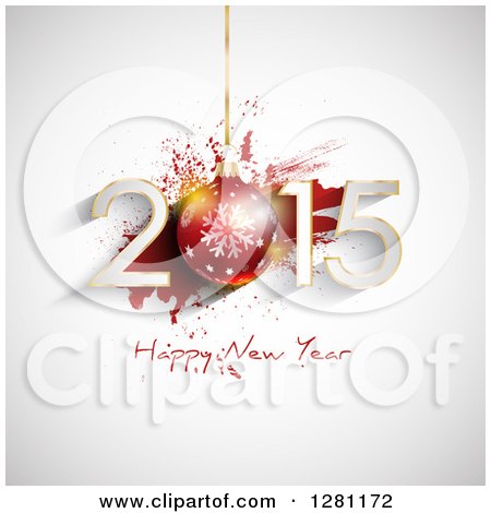 Clipart of a Happy New Year 2015 Greeting with a Suspended Red Snowflake Bauble over a Splatter on Shading - Royalty Free Vector Illustration by KJ Pargeter