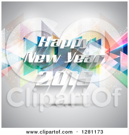 Clipart of a Happy New Year 2015 Greeting over Colorful Geometric Triangles and Gray - Royalty Free Vector Illustration by KJ Pargeter