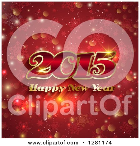 Clipart of a Gold Happy New Year 2015 Greeting over Red Snowflakes Stars and Bokeh Flares - Royalty Free Vector Illustration by KJ Pargeter