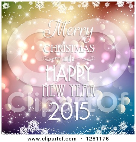 Clipart of a Merry Christmas and a Happy New Year 2015 Greeting over Colorful Gradient with Snowflakes and Bokeh - Royalty Free Vector Illustration by KJ Pargeter