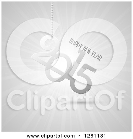 Clipart of a Suspended Grayscale Happy New Year 2015 Greeting over Rays - Royalty Free Vector Illustration by KJ Pargeter