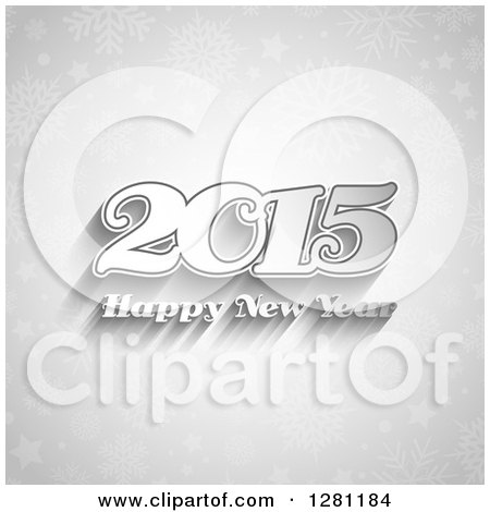 Clipart of a Grayscale Happy New Year 2015 Greeting Withs Shadows over Snowflakes and Stars - Royalty Free Vector Illustration by KJ Pargeter