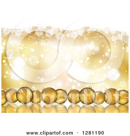 Clipart of 3d Snowflake Christmas Baubles Under Gold and White Snowflakes and Flares - Royalty Free Vector Illustration by KJ Pargeter
