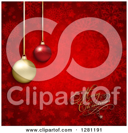Clipart of a Merry Christmas Greeting with 3d Suspended Baubles over Red Stars and Snowflakes - Royalty Free Vector Illustration by KJ Pargeter