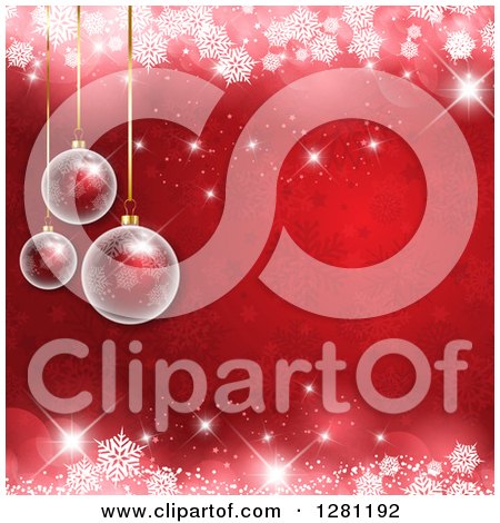 Clipart of 3d Christmas Baubles Suspended over Red Stars and Snowflakes with White Sparkles - Royalty Free Vector Illustration by KJ Pargeter