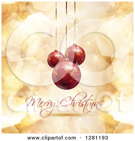 Clipart of a Merry Christmas Greeting Under 3d Suspended Red Snowflakebaubles over Gold Geometric Shapes and Stars - Royalty Free Vector Illustration by KJ Pargeter