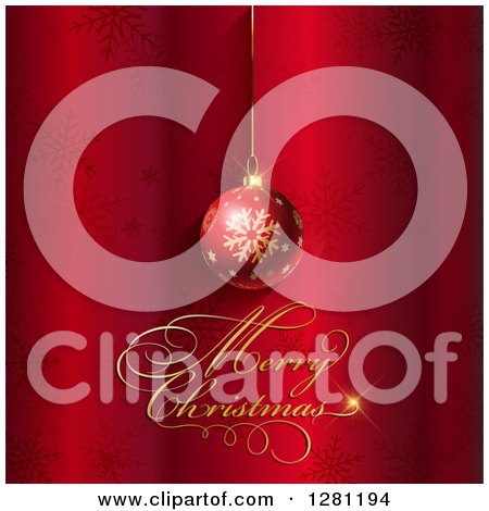 Clipart of a Merry Christmas Greeting Under a 3d Suspended Bauble over Red Snowflakes - Royalty Free Vector Illustration by KJ Pargeter