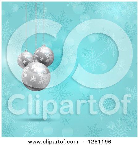 Clipart of 3d Silver Christmas Baubles Suspended over Blue Snowflakes and Bokeh Flares - Royalty Free Vector Illustration by KJ Pargeter