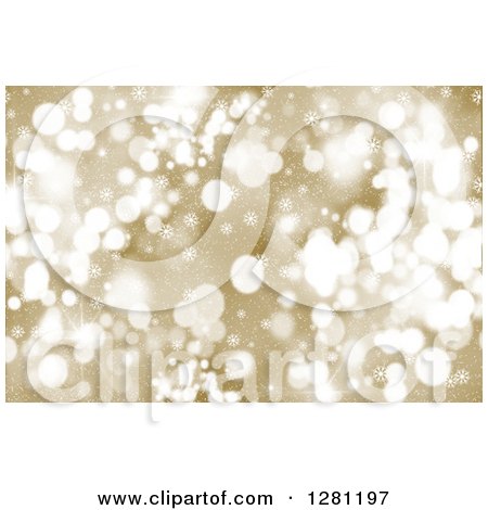 Clipart of a Gold Christmas Background of Snowflakes and Blurred Bokeh Flares - Royalty Free Illustration by KJ Pargeter