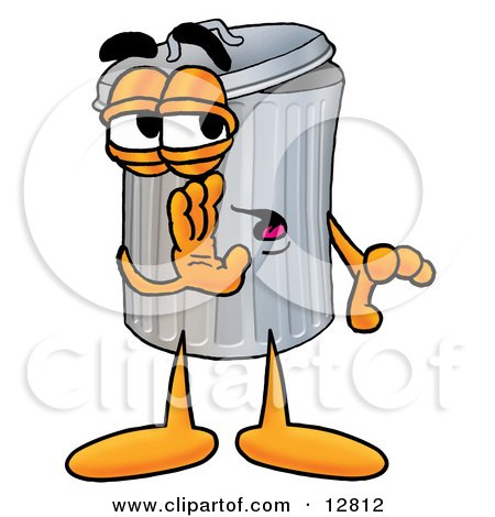 Clipart Picture of a Garbage Can Mascot Cartoon Character Whispering and Gossiping by Mascot Junction