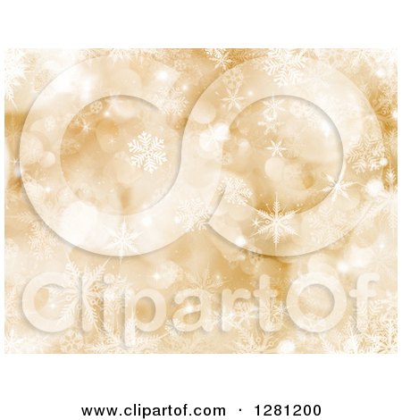Clipart of a Gold Christmas Background of Bokeh Flares and Pretty Snowflakes - Royalty Free Illustration by KJ Pargeter