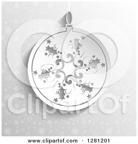 Clipart of a White Paper Snowflake Bauble Suspended over Silver Snowflakes and Stars - Royalty Free Vector Illustration by KJ Pargeter