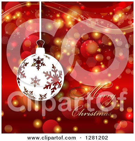 Clipart of a Merry Christmas Greeting with a Snowflake Bauble, Bokeh Flares and Waves - Royalty Free Vector Illustration by KJ Pargeter