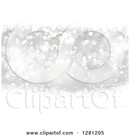 Clipart of a Silver Christmas Background of Tinsel, Snowflakes and Bokeh Flares - Royalty Free Illustration by KJ Pargeter