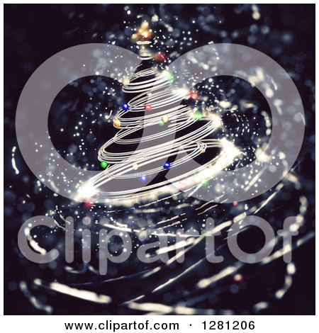 Clipart of a Silver Spiral Christmas Tree with Colorful Baubles on Black - Royalty Free Vector Illustration by KJ Pargeter