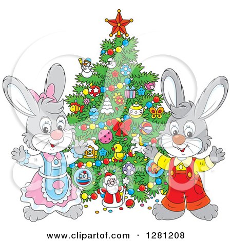 Clipart of Cute Gray Festive Rabbits by a Christmas Tree - Royalty Free Vector Illustration by Alex Bannykh