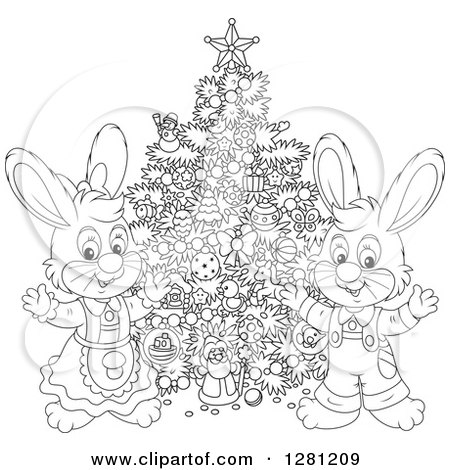 Clipart of Black and White Cute Festive Rabbits by a Christmas Tree - Royalty Free Vector Illustration by Alex Bannykh