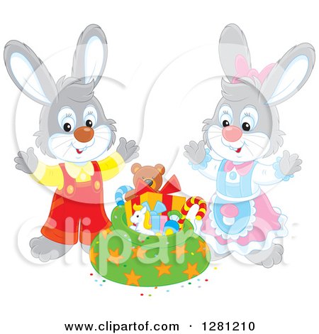 Clipart of Cute Gray Festive Rabbits by a Christmas Sack - Royalty Free Vector Illustration by Alex Bannykh