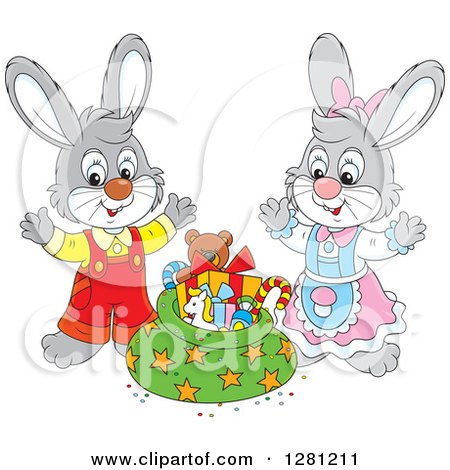 Clipart of Cute Gray Festive Rabbits by a Christmas Sack - Royalty Free Vector Illustration by Alex Bannykh