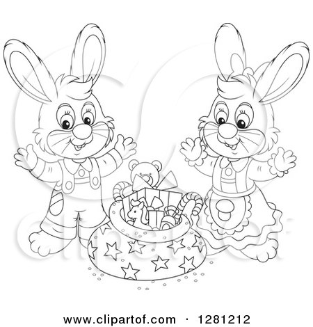 Clipart of Black and White Cute Gray Festive Rabbits by a Christmas Sack - Royalty Free Vector Illustration by Alex Bannykh
