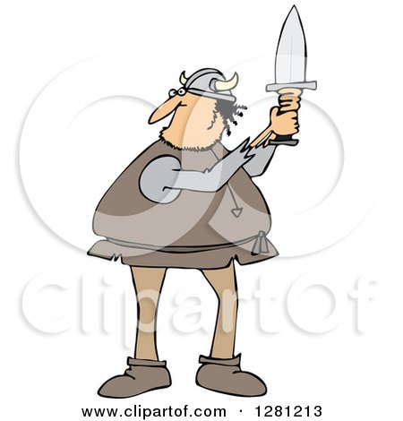 Cartoon Clipart of a Chubby Male Viking Holding up a Short Sword - Royalty Free Vector Illustration by djart