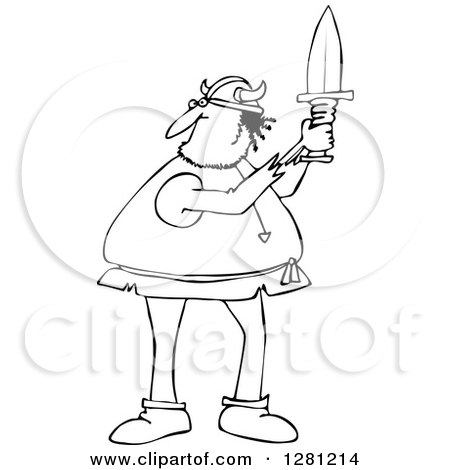 Cartoon Clipart of a Black and White Chubby Male Viking Holding up a Short Sword - Royalty Free Vector Illustration by djart