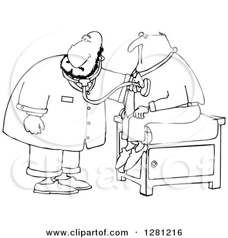 Cartoon Clipart of a Black and White Chubby Male Doctor Listening to a Male Patient's Heart - Royalty Free Vector Illustration by djart