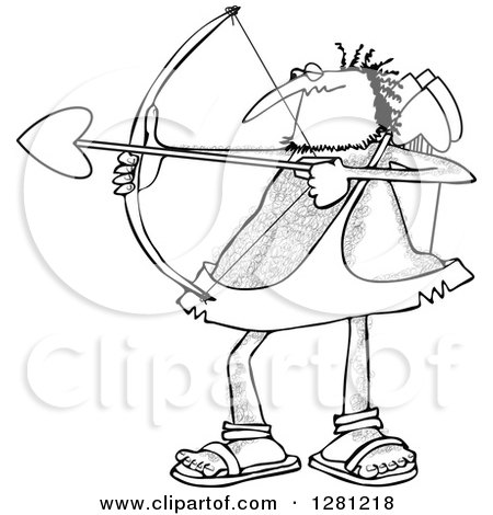 Cartoon Clipart of a Black and White Chubby and Hairy Valentines Day Cupid Man Aiming His Arrow - Royalty Free Vector Illustration by djart