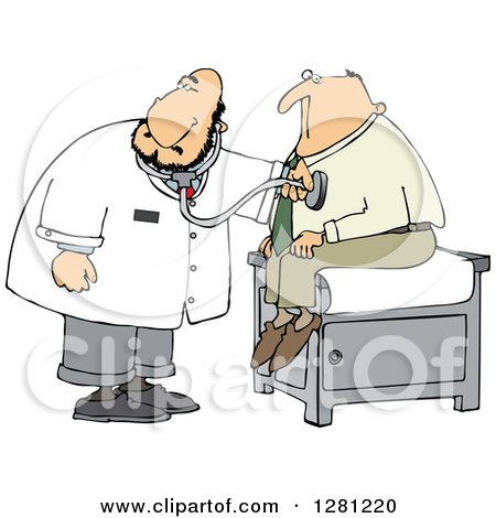 Cartoon Clipart of a Chubby Caucasian Male Doctor Listening to a Male Patient's Heart - Royalty Free Vector Illustration by djart