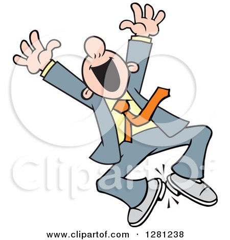 Clipart of a Very Happy White Businessman Jumping, Cheering and Clicking His Heels Together - Royalty Free Vector Illustration by Johnny Sajem