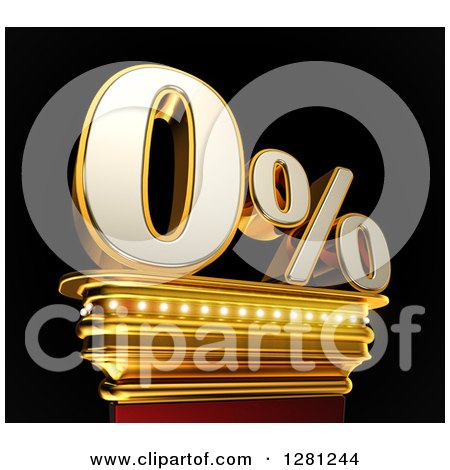 Clipart of a 3d Zero Percent Discount on a Gold Pedestal over Black - Royalty Free Illustration by stockillustrations