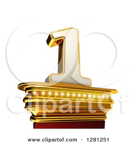 Clipart of a 3d 1 Number One on a Gold Pedestal over White - Royalty Free Illustration by stockillustrations